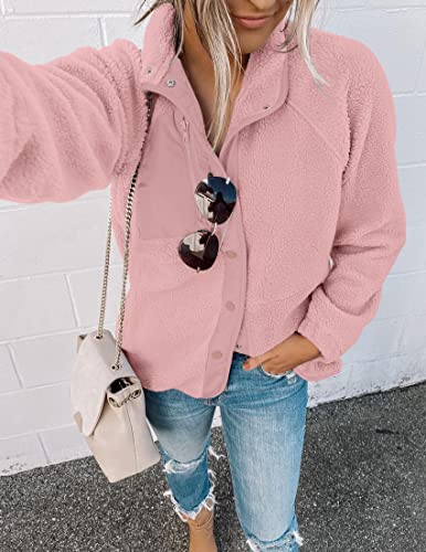 ZESICA Women's Fall Winter Sherpa Fleece Jacket Casual Long Sleeve Button Down Fuzzy Shacket Outerwear Coat,Apricot,Small