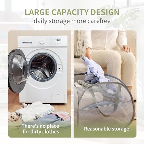 90L Large Capacity Pop Up Mesh Laundry Hamper Collapsible,Large Opening Clothes Hampers, Portable Mesh Laundry Bags for Laundry, Bathroom, Beach, Outdoors and Travel (1 Pack Grey)