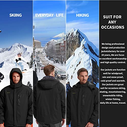 Kugnala Men's Winter Skiing Jacket Waterproof Warm Snow Fleece Lining Coat Mountain Windbreaker Hooded Windproof Rain Jacket Black S