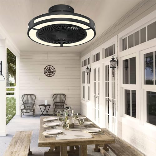 Ohniyou Enclosed Ceiling Fan With Lights,19" Bladeless Ceiling Fan With Lights and Remote,Low Profile Ceiling Fan With Dimmable Led Night Light, Flush mount Ceiling Fan For Bedroom,Living Room