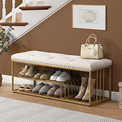 FERFALDER Linen Bench with Storage-Entryway Shoe Storage with Tufted Padded Seat,Gold Mental Frame Ottoman Bench for Bedroom Entry Window Mudroom Living Room,Beige