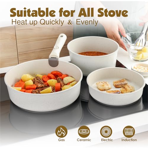 SENSARTE 17 Piece Ceramic Pots and Pans Set, Nonstick Detachable Handle Cookware, Induction Kitchen Cookware Set with Removable Handle, Dishwasher & Oven Safe, PFAS/PTFE/PFOA Free (Almond Beige)