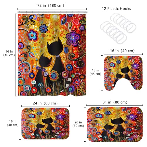 Cute Cat Couple Bathroom Sets with Flowers Fairy Shower Curtain and 20 x 31 Rugs Bathroom Accessories Sets Decor with Bath Rug, Bath Mat, U-Shaped Contour and Hooks 72 x 72 Inch