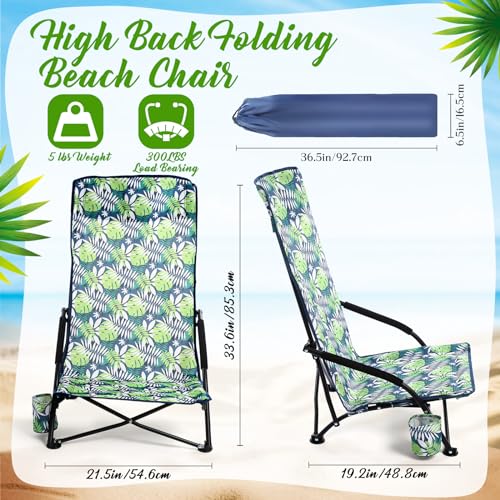 Menkxi 6 Pack Low Beach Chairs, Portable Lightweight Folding Chair for Adults, Low Seat Camping Chairs with Cup Holder, Carry Bag for Outdoor Beach Lawn Sand Picnic Travel(High Back, Green Strips)