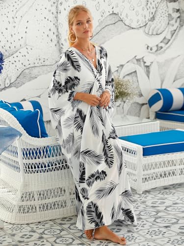 sunforyou Kaftan Dresses for Women Orange Floral 70s Dress for Women Caftans Plus size V-neck Batwing Sleeve Loungewear 8693-14