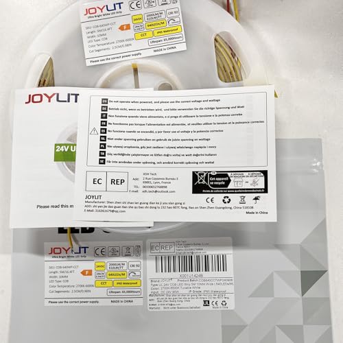 JOYLIT 24V COB CCT LED Strip Light Waterproof 16.4FT/5M 640LEDs/M 2700K-6000K, UL Listed PRO CRI 92+ LED Tape 10000lm Super Bright 90W Dimmable Warm White to Cool White Tunable Light Strip