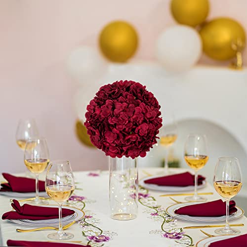 BLOSMON Hydrangea Flowers Ball Centerpieces: 2 Pcs Burgundy Fake Flowers Artificial Silk Flower Balls Faux Hydrangeas Floral Arrangements Bouquet for Wedding Home Room Table Decoration