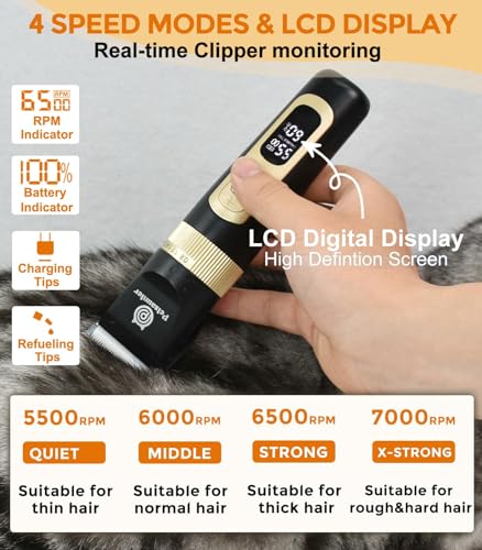 Petsaunter Dog Clippers for Grooming, 4-Speed & LCD, Low Noise Electric Dog Trimmer for Grooming, Cordless Rechargeable Dog Hair Clippers, Super Quiet for Dogs & Pets with Thick or Heavy Coats(C95)