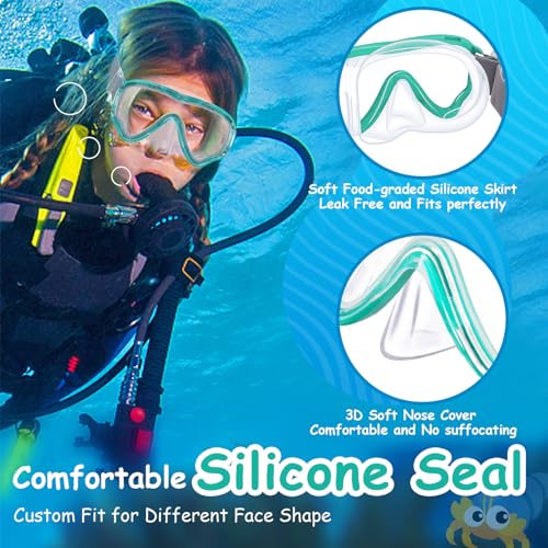 Vvinca Swim-Goggles with Nose Cover, 2 Packs Elastic Fabric Strap Snorkel Diving Mask Anti Fog UV No Pull Hair for Kids 3-14, 06-Black-Green/Black-Blue