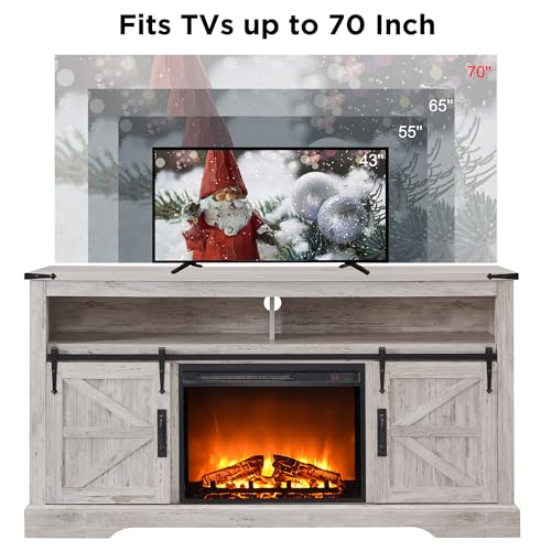 OKD Fireplace TV Stand for 65+ Inch TV, 33" Tall Highboy Farmhouse Entertainment Center w/ 23'' Electric Fireplace, Rustic Media Console w/Sliding Barn Door for Living Room, Antique White