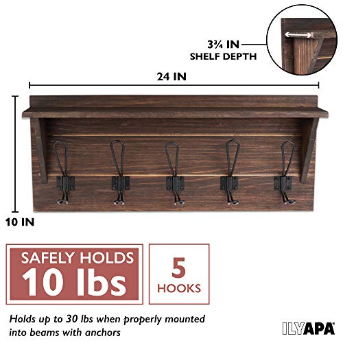 Ilyapa Barnwood Coat Rack Wall Mount - Wood Wall Mount Coat Rack with Hooks, 6 Metal Hooks - for Hats, Coats, Kitchen, Bedroom, and More - Barnwood