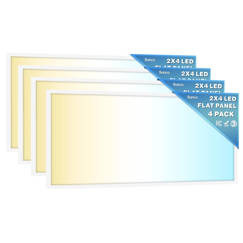 Sunco 2x4 LED Flat Panel Light Drop Ceiling Office Shop Commercial Warehouse Fixture, 6500 Lumens, Selectable Features, 30W/40W/50W, 4000K/5000K/6000K, Dimmable (0-10V), Dustproof ETL 4 Pack.