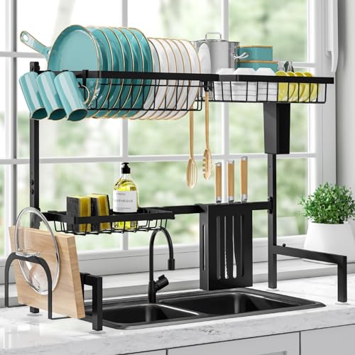 Sakugi Dish Drying Rack - Large Over The Sink Dish Drainer Drying Rack (30.0" to 33.9" W), Large Capacity Stainless Steel Dish Rack, Multifunctional Kitchen Organizers and Storage Rack, Black