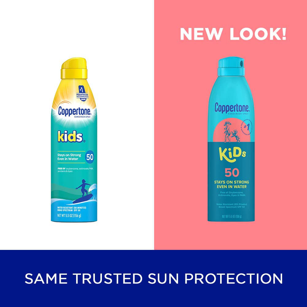 Coppertone Sunscreen Spray SPF 50, Broad Spectrum, Water Resistant for Kids, #1 Pediatrician Recommended Brand, 5.5 Ounce (Pack of 2)