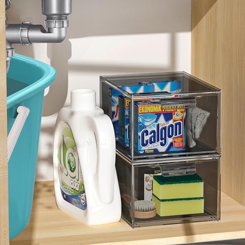 SpaceHacks Stackable Makeup Organizer and Storage, Acrylic Organizers,Clear Plastic Storage Drawer with Pull-Out Handles for Vanity, Undersink, Kitchen Cabinets, Pantry, Black
