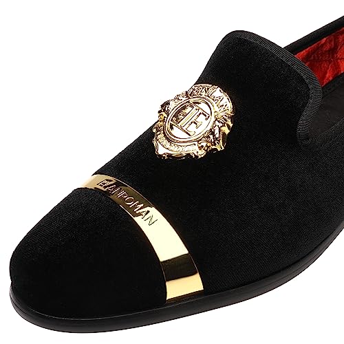ELANROMAN Black Men Dress Velvet Loafers Gold Buckle Fashion Designer Penny Slippers Wedding Party Dance Shoes US 8