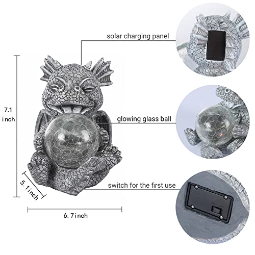 Jy.Cozy Garden Dragon Statues - Adorable Baby Resin Dragon Figurines, Holding Magic Orb with Solar LED Lights, Outdoor Spring Decorations for Patio Yard Lawn Porch, Ornament Gift