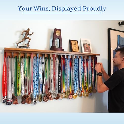 4ft- Medal Awards Rack Premier Medal Hanger Display Rack and Trophy Shelf for Gymnastics, Soccer, Basketball, Football, and More. The Largest Medal and Award Display- 48” - Black