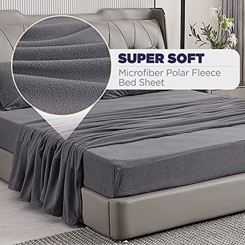 Nikazz Super Soft Fleece Sheet Set - Extra Plush Polar Fleece, No-Pilling Bed Sheets - All Season Cozy Warmth Flat Sheet, Fitted Sheet and 2 x Pillowcases, 4 Piece (Queen, Grey)
