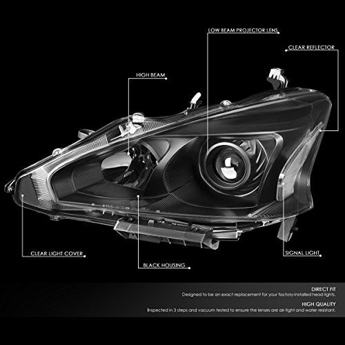 DNA MOTORING HL-OH-NA13-BK-CL1 Black Housing Clear Side Projector Headlights Replacement For 13-15 Altima Sedan