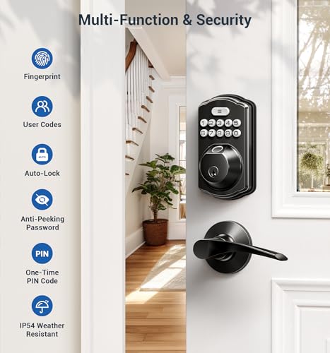 Veise Fingerprint Door Lock with 2 Lever Handles - Keyless Entry Door Lock, Electronic Keypad Deadbolt & Front Door Lock Handle Sets, Auto Lock, Easy Installation, Matte Black