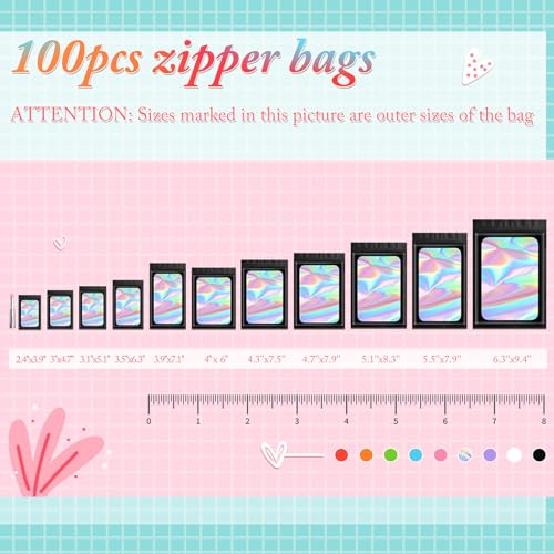 Funfery 100 pcs Pink Smell Proof Mylar Holographic Bags, Clear Resealable Odor Proof Foil Pouch Bag for Food Storage, Jewelry, Eyelash Packaging,Gloss,Small Business (6.3x9.4In)