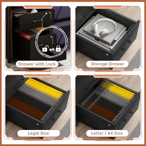 SEDETA 63" Computer Desk, Office Desk with Lockable Drawers for Legal/Letter File, Gaming Desk with LED Lights & Power Outlet, Home Office Desks with Storage, Black