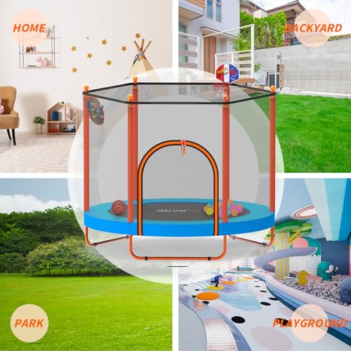 Ativafit 60'' Rebounder Trampoline Indoor Outdoor for Kids Ages 1-8, 5 FT Recreational Toddler Trampoline with Safety Enclosure Net Gifts with Basketball Hoop Dartboard Ocean Ball for Fun