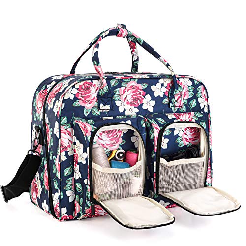 Teamoy Sewing Machine Carrying Case, Sewing Machine Tote with Bottom Wooden Board Pad for Most Standard Sewing Machines and Accessories, Blue Peony