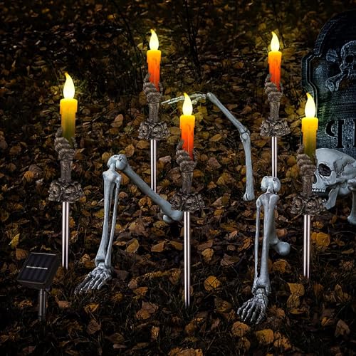 Halloween Pathway Lights, 5 Pack Candle Skull Hand Candle Holder, LED Halloween Decor Candle Lights Solar Powered, Indoor and Outdoor Party Home Garden Porch Halloween Decoration (Dark Black-1x5 Pack)