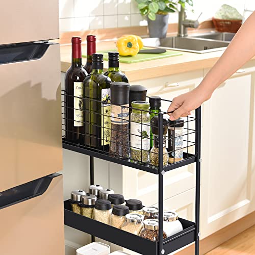 KINGRACK 3-Tier Metal Rolling Utility Cart, Slim Storage Cart, Slide Out Storage Cart, Small Rolling Trolley Kitchen Cart, Cart for Bathroom Laundry Room Office Narrow Place, Black