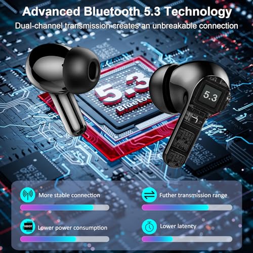 Wireless Earbuds, 2024 Bluetooth Headphones 5.3 HiFi Stereo Ear buds with ENC Noise Cancelling Mics, 40H Bluetooth Earbuds with Dual LED Display Charging Case, IP7 Waterproof Earphones for Android iOS