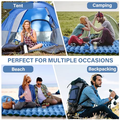 Double Sleeping Pad for Camping- Self Inflating 4" Extra-Thick with Pillow Built-in Foot Pump Inflatable Sleeping Mat for Backpacking, Hiking, Traveling, Tent