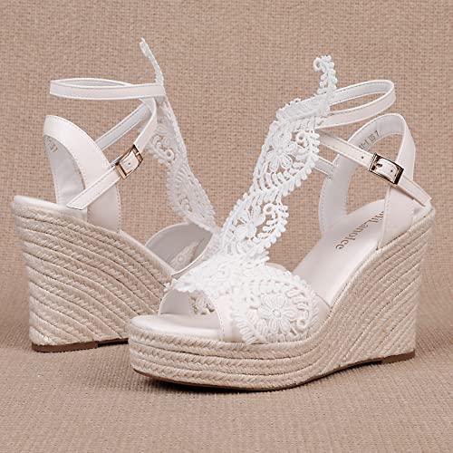 MiLanolce Women's Platform Sandals Wedge Open Toe Ankle Strap lace Wedding Shoes Bridesmaid Shoes,White,size-11