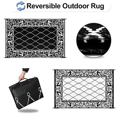 OutdoorLines Indoor Outdoor Rugs for Patio 5 Feet - Reversible Outside Carpet, Stain & UV Resistant Portable RV Mats, Plastic Straw Rug for Camping, Pool Deck, Porch Diamond/Black & White