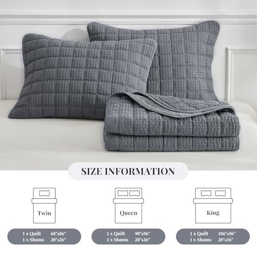 WARMDERN Waffle Weave Quilt Set Queen Size, Soft Lightweight Summer Classic Checkered Quilt Grey Bedding Bedspread Coverlet for All Seasons, Includes 1 Quilt (90" x 96") + 2 Pillow Shams (20" x 26")