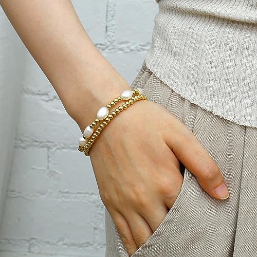 Gold Pearl Beaded Bracelets for Women Baroque Pearl Stackable14K Gold Plated Stretch Bead Ball Bracelet Jewelry Gifts (2PCS)