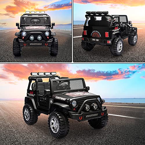SEHOMY Kids Ride On Truck with Remote, 12V Battery Powered Electric Car for Kids - Two Seater with one Belt, Spring Suspension, LED Lights, Safety Belt, Music, 4 Wheels Kids Electric Vehicles Black