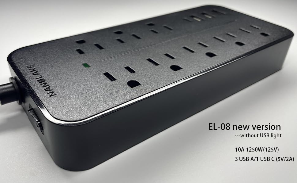 Nanolake Surge Protector Power Strip with USB Ports, Flat Plug Outlet Extender with Extension Cord 6 ft,8 AC outlets,1700 Joules,Mountable,Black (Without Night Light).