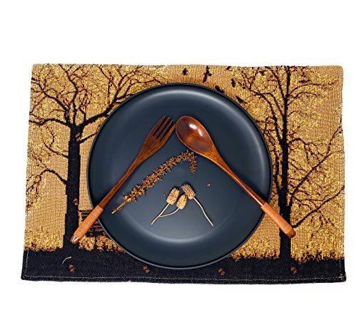 DaDa Bedding Set of 4-Pieces Magical Golden Reindeer Tapestry Placemats - Starry Winter Snowflake Festive Merry Christmas Holiday Yellow & Black - Needle Stitched Woven Table Mats - 13” x 19”
