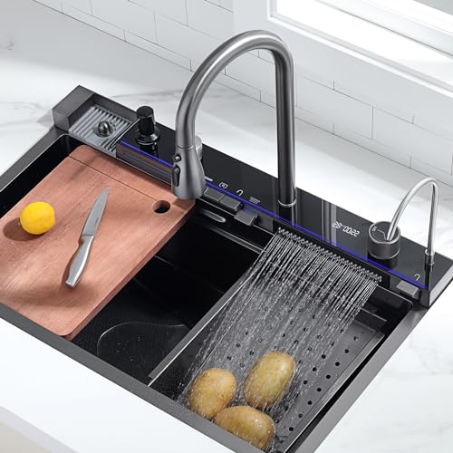 Lefton 29.5"x 18.25" 304 Stainless Steel Kitchen Workstation Sink with Pull-down Faucet, Waterfall & Rainfall Outlet, Temperature Display in Tempered Glass, Grey, KS2206