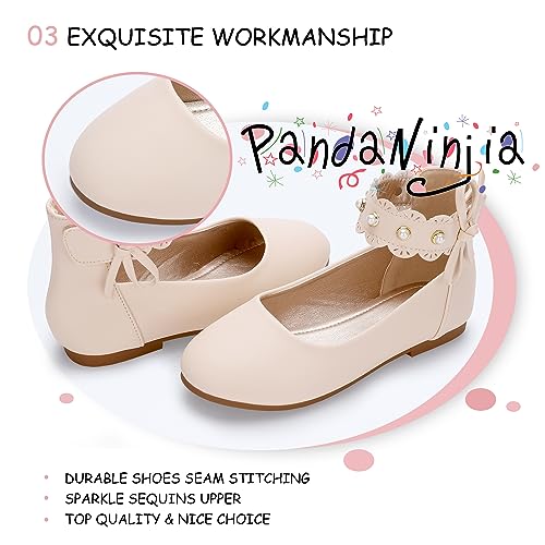 PANDANINJIA Girls Dress Shoes Flower Girl Beige Flats Pearls Ballet Bow Mary Jane Ankle Strap Sara Wedding Party Shoes for Toddler Little Big Kid, Size 4