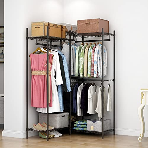 Xiofio 6 Tiers Heavy Duty Garment Rack, Storage Organizer, Metal Clothing Rack with Hanging Rod,Adjustable Shelf and Fixed Baskets,60.7" L x 15.7" W x 70.5" H Max Load 720LBS,Black·