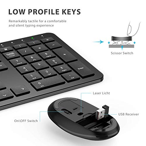 iClever GK08 Wireless Keyboard and Mouse - Rechargeable Wireless Keyboard Ergonomic Full Size Design with Number Pad, 2.4G Stable Connection Slim Keyboard and Mouse for Windows, Mac OS Computer