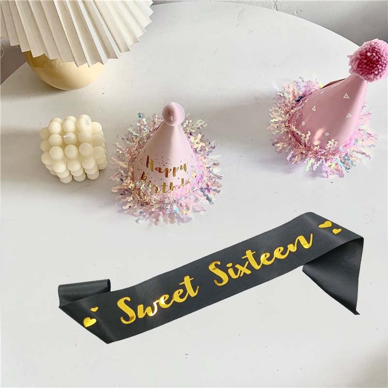 MGJSRNH 16th Birthday Sash, 'Sweet Sixteen' Sash for Girls or Boy,Gold Foil Black Satin Birthday Sash,Birthday Party Gift Decorations