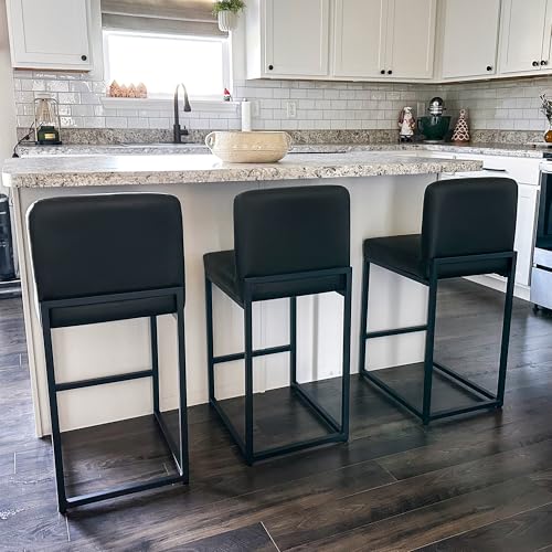 ALPHA HOME Counter Height Bar Stools, 24” Kitchen Counter Stools Set of 1, Pu Leather Kitchen Modern Bar Chairs with Back&Footrest, Sturdy Chromed Metal Steel Frame, Black