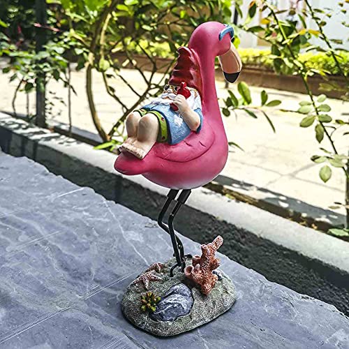 Jy.Cozy Gnome Garden Statue Funny Gnome Reclining on Flamingo Figurines, Resin Garden Gnomes Fall Decorations Outdoor for Patio Yard Lawn Porch, Ornament Gift