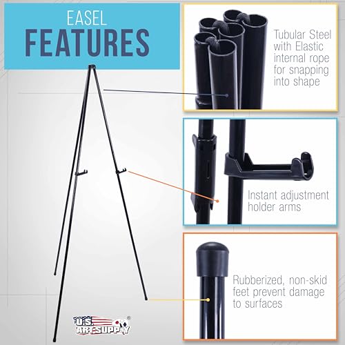 U.S. Art Supply 63" High Heavy Duty Steel Easy Folding Display Easel (Pack of 6 Easels) - Adjustable Height Display Holders - Portable Tripod Stand, Presentations, Event Signs, Posters, Holds 10 lbs
