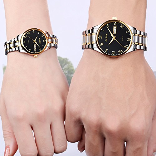OLEVS Valentines Couple Pair Watches for Men and Women Lovers Romantic Wedding Gifts Set of 2,His and Hers Business Black Dial Quartz Day Date Wrist Watch Waterproof Luminous with Stainless Steel Band