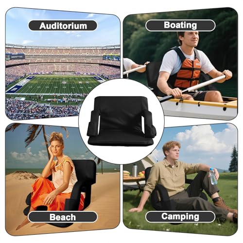Stadium Seats for Bleachers with Back Support and Thick Padded Cushion,18" Extra Wide Portable Reclining Folding Chair with Optional Arms, 4 Pockets and Shoulder Straps,Big Size,Black,2PCS